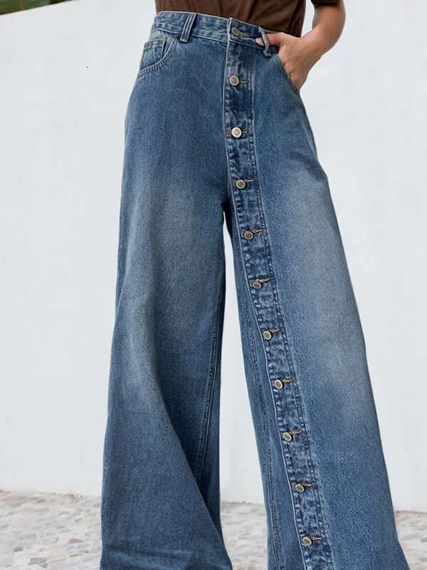 Krismile Baggy Jeans Women For Spring Summer 2024 Fashion Buttoned Pockets High Waisted Loose Jean Leisure Pants Bottoms