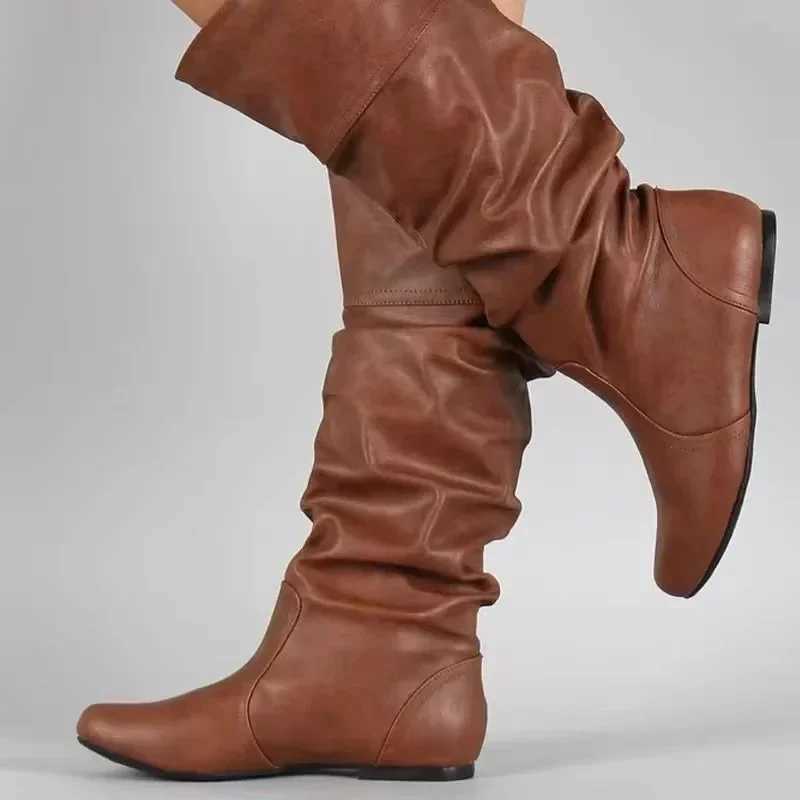 2025 New Women Flat Boots Fashion Pleated Leather Boots Autumn Winter Slip on Mid-Calf Shoes for Women Brand Designer High Boots Z250303