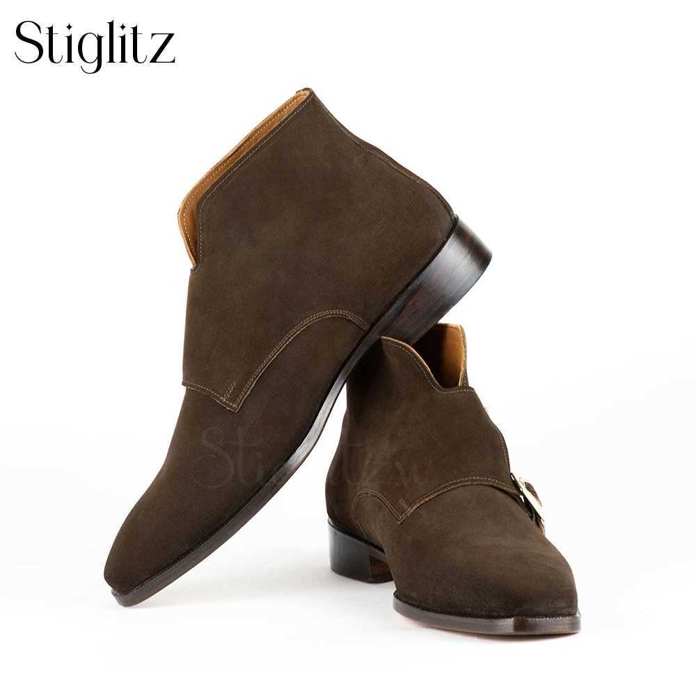 Double Monk Strap Ankle Boots Brown Suede British Style Booties Handmade Ankle Boots Customized Luxury High Quality Mens Shoes Z250303