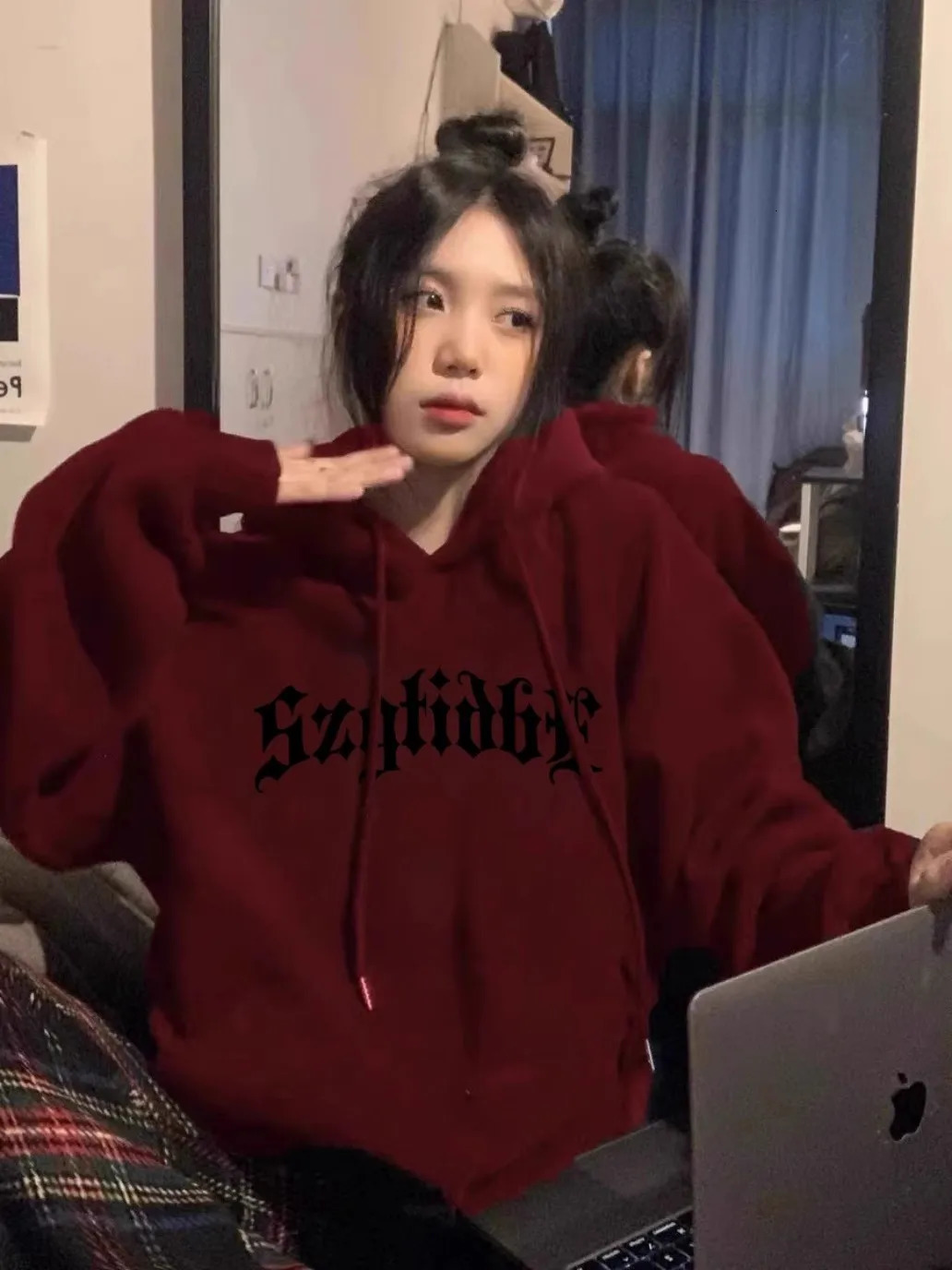 Burgundy Heavyweight Sweatshirt for Women Spring Fall Thin Hooded Loose Niche n LongSleeved 2024 Jacket Trend 250303Z