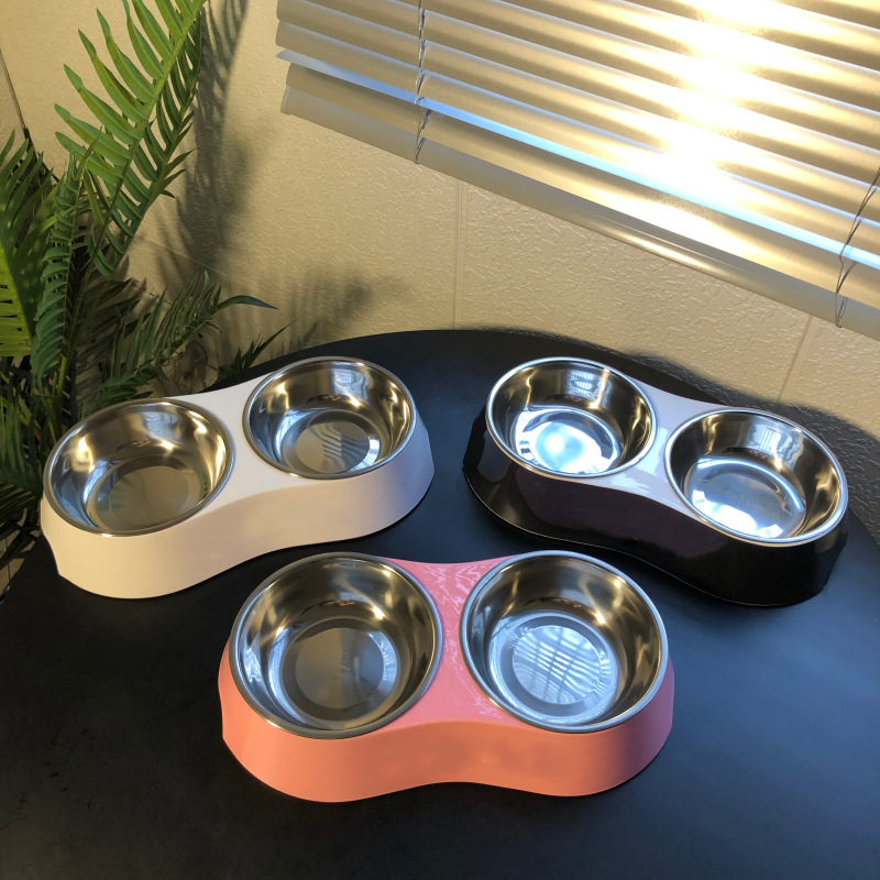 Designer Double Dog and Food Bowls, Stainless Steel with Non-Slip Resin Station, Pet Feeder Bowls for Puppy Medium Dogs Cats Size L 33*W 17.5*H 6 CM J