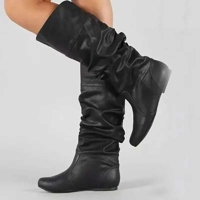 2025 New Women Flat Boots Fashion Pleated Leather Boots Autumn Winter Slip on Mid-Calf Shoes for Women Brand Designer High Boots Z250303