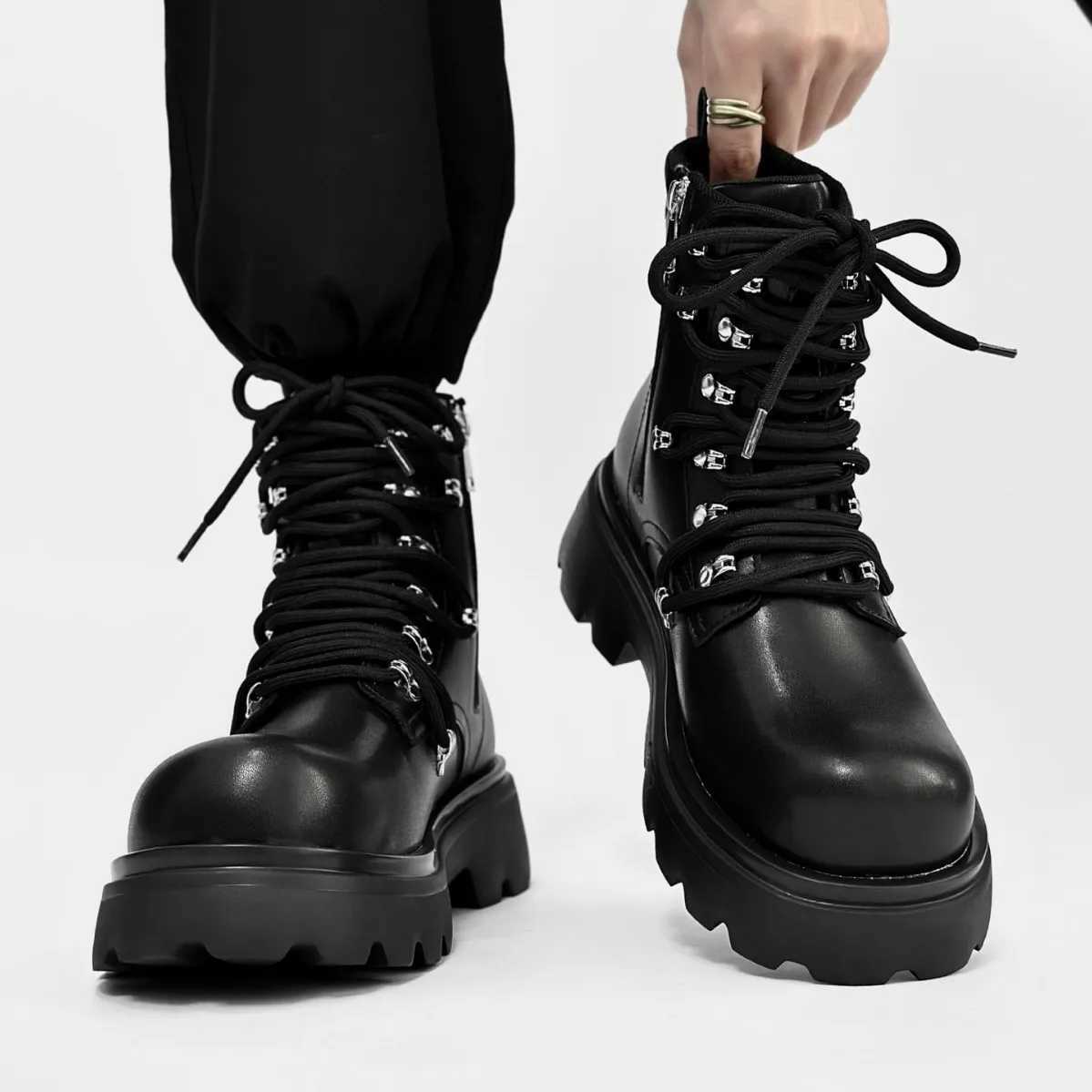Mens Zipper Boots Luxury Brand Genuine Leather Casual Winter High Top Thick Bottom Men Italian Designer Punk Motorcycle Boots Z250303