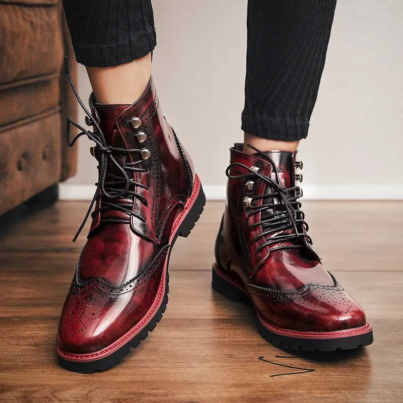 New Style Red Mens Leather Boots Fashion Lace-up Casual Ankle Boots for Men Luxury High-top Dress Shoes Men Cowboy Boots Z250303