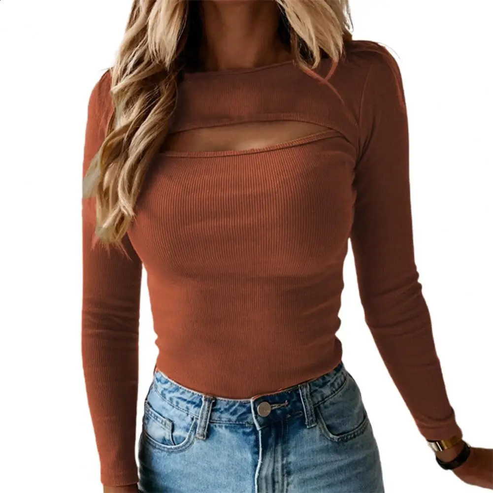 Oneck Sweater Women Chest Hollow Out Ribbed Bottoming Blouse Autumn Winter Solid Color Slim Pullover Top 250225