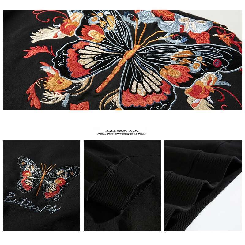 Butterfly Embroidery Men Women Fashion Haruku Sweatshirts Vintage Hip Hop Hoodies Streetwear Designer Couple Pullover