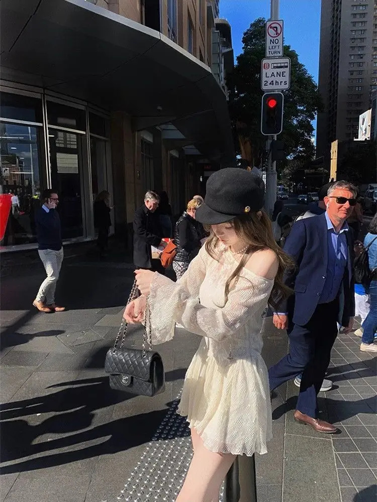 Pure and Sweet Short Skirt with Waist Slim Korean n Flare Sleeve Lace Offshoulder Dress for Women 250228