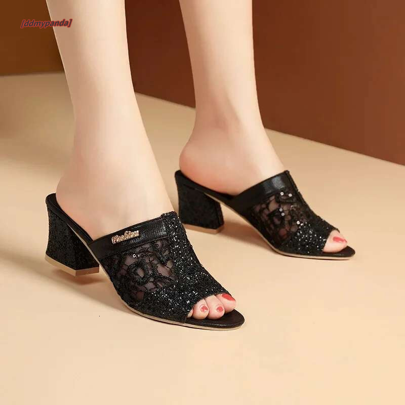 Plus Size 43 2025 New Summer Fashion Sequin Cool Outer Wear Women's Thick Heel Slippers Ladies Sandals #ddmypanda