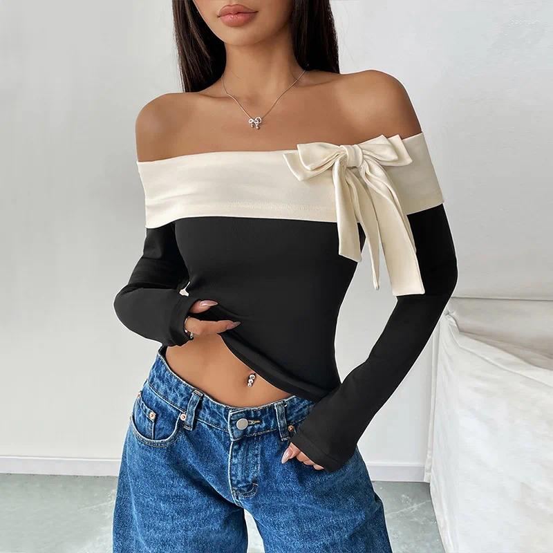 Women's T Shirts Off-Shoulder One-Shoulder Neck Bow T-Shirt 2025 European And American Top For Women