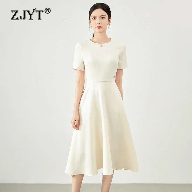 ZJYT Elegant Summer Simple Brief Dresses Women Designer Short Sleeve O Neck Casual Daily Party Dress Midi Ae Vestidos Black