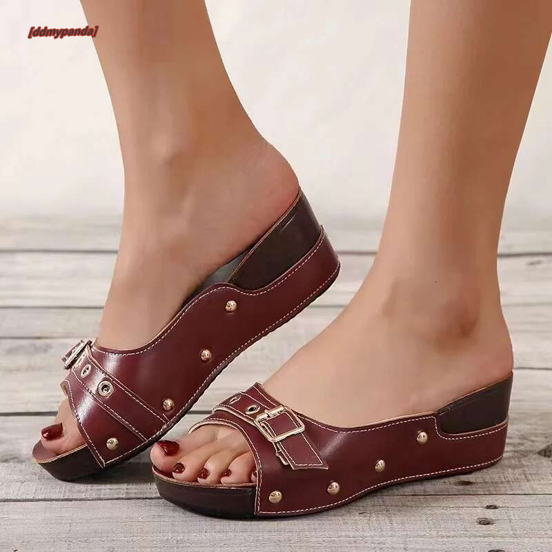 women Metal Buckle Women's Wedge Slippers 2023 Vintage Rivet Platform Sandals Woman Pu Leather Plus Size Summer Shoes 43 #ddmypanda