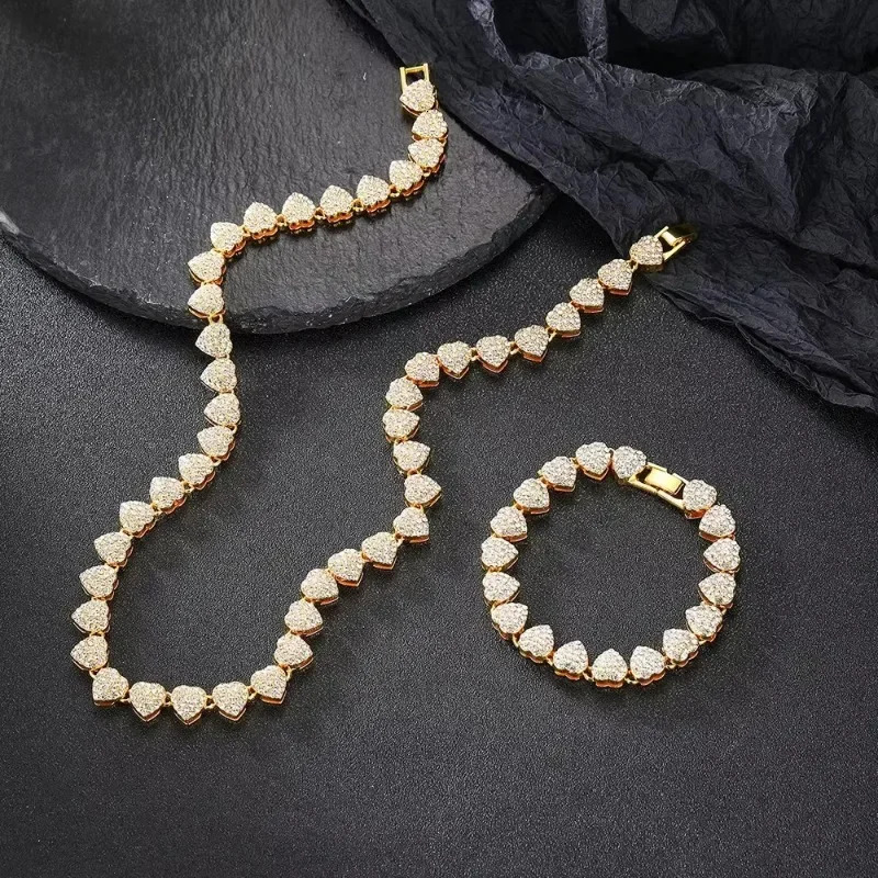 Hip Hop Heart Shape Cubin Chain Gold Plated Necklace For Full Crystal Stone Iced Out Men Jewelry