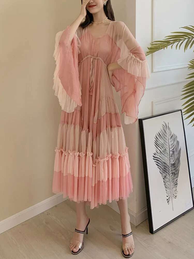 DEAT Woman Dress Pink Cake With Ed Mesh Flare Sleeve Drawstring Waist Elegant Fashion Beach Style 2024 New Summer 15Ht424