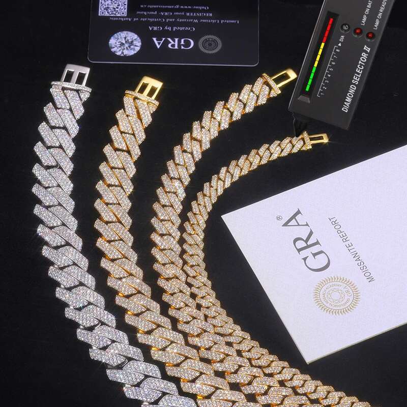 High Quality Unisex VVS1 Moissanite Cuban Chain Necklace Sier For Men Hip Hop Jewelry