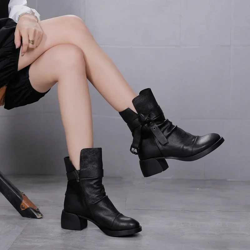 Birkuir Original Thick Heel Boots For Women Mixed Colors Pleated Luxury High Heel Pumps Shoes Genuine Leather Zip Ankle Boots Z250303