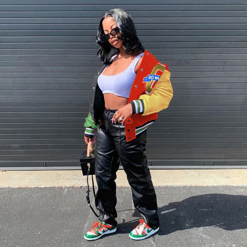 Fall Winter Print Patchwork Yellow Jackets For Women Long Sleeve Varsity Jacket Buttons Loose Baseball 250228