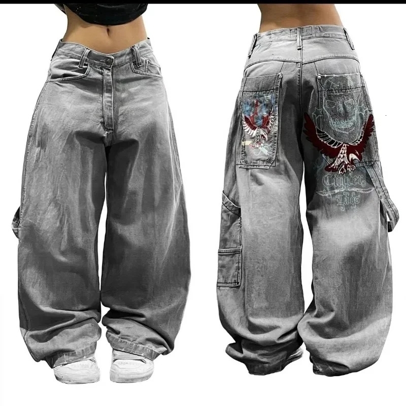 Street Pattern Printed Loose Jeans Women Y2K Harajuku Casual Oversized Wideleg Pants Couple High Waist Slim w250228