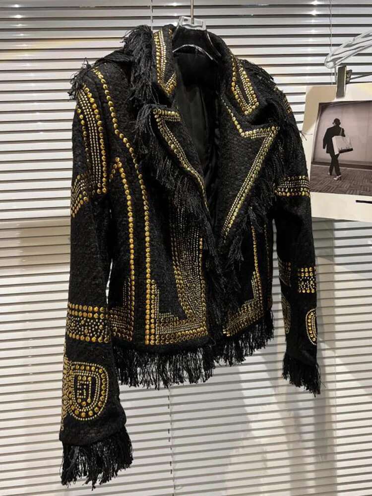 DEAT Fashion Women's Blazer Notched Collar Tweed Metal Rivet Fringed Fringe Long Sleeve Suit Jackets Autumn 2025 New 17A4338