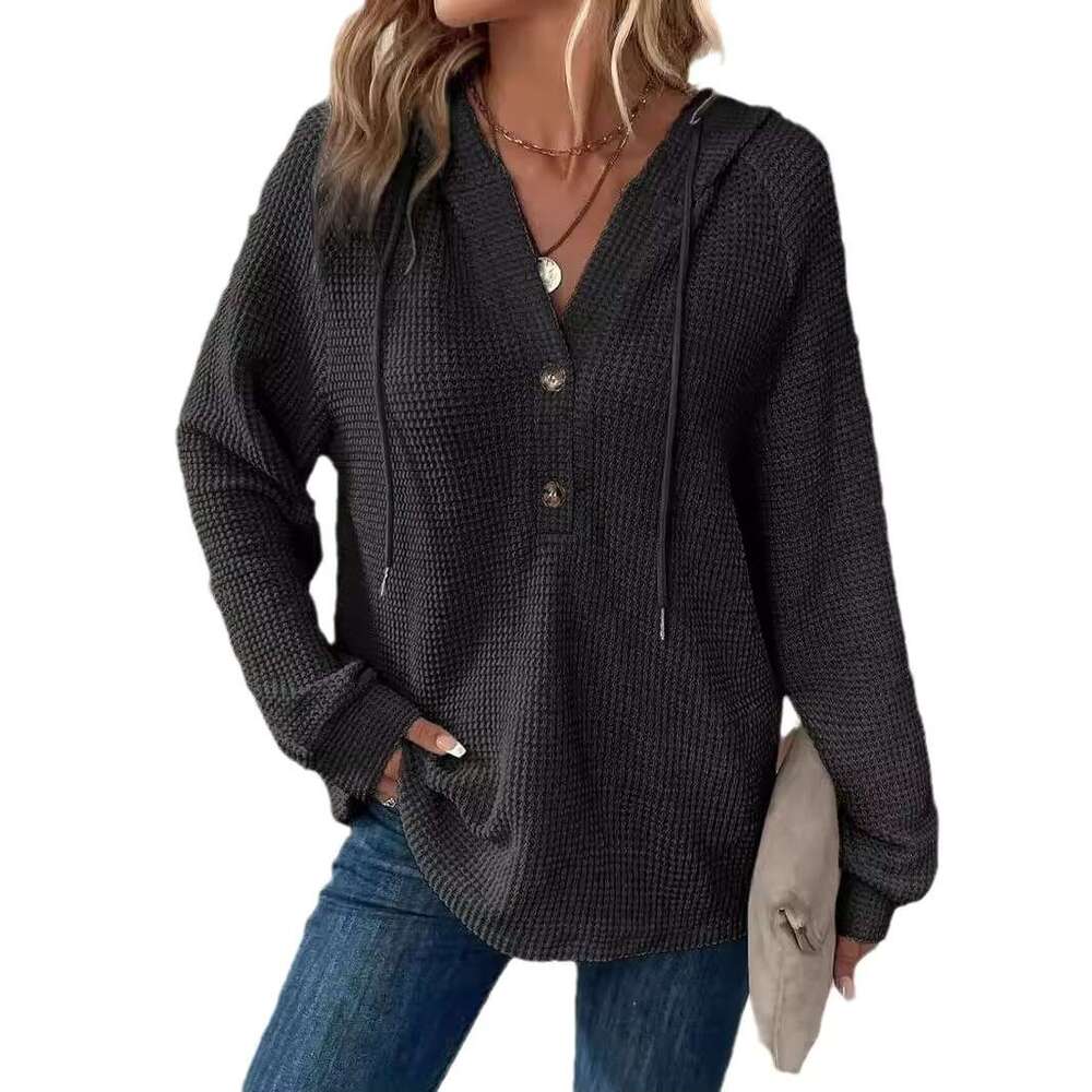 Women's Waffle Grid Knitting Hoodie V-Neck Long Sleeves Pullover Casual Sweatshirt