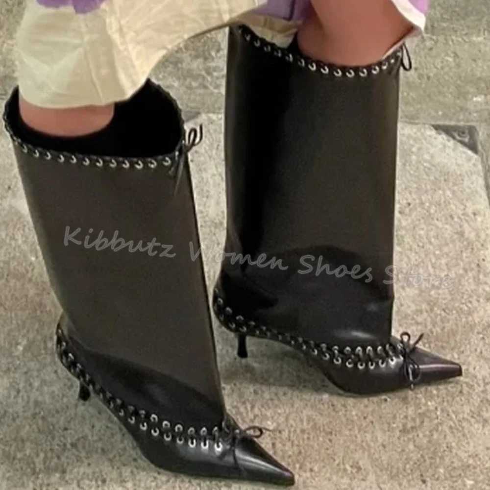 Knee High Boots Wide Lace-Up Cross Strap Genuine Leather Slip-On Luxury Concise Party Dress Women Shoes Pointed Toe Kitten Heels Z250303