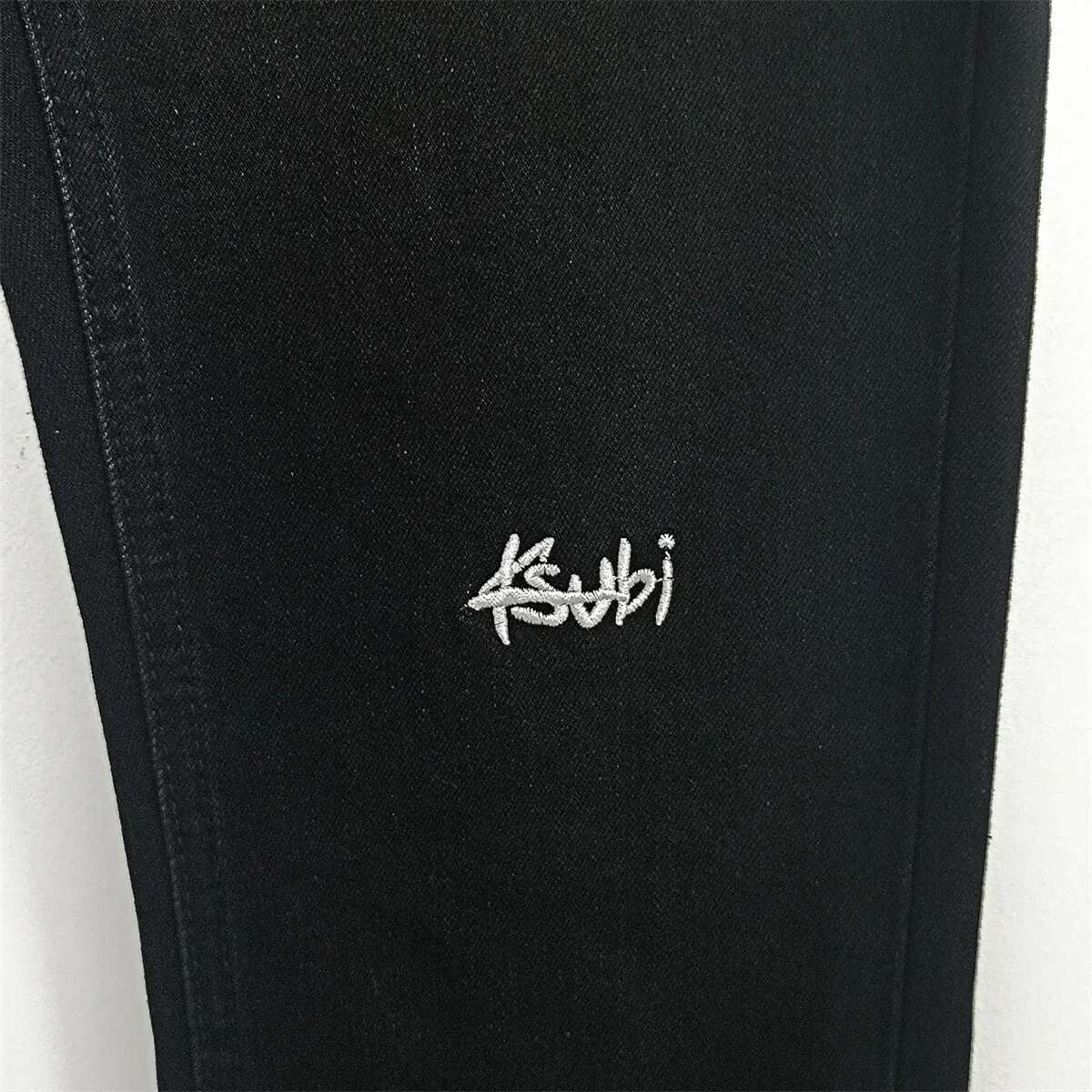 KSUBI Cross Men Fashion American High Street Black Casual Letter Embroidery Pants Stretch Skinny Ripped Frayed Jeans