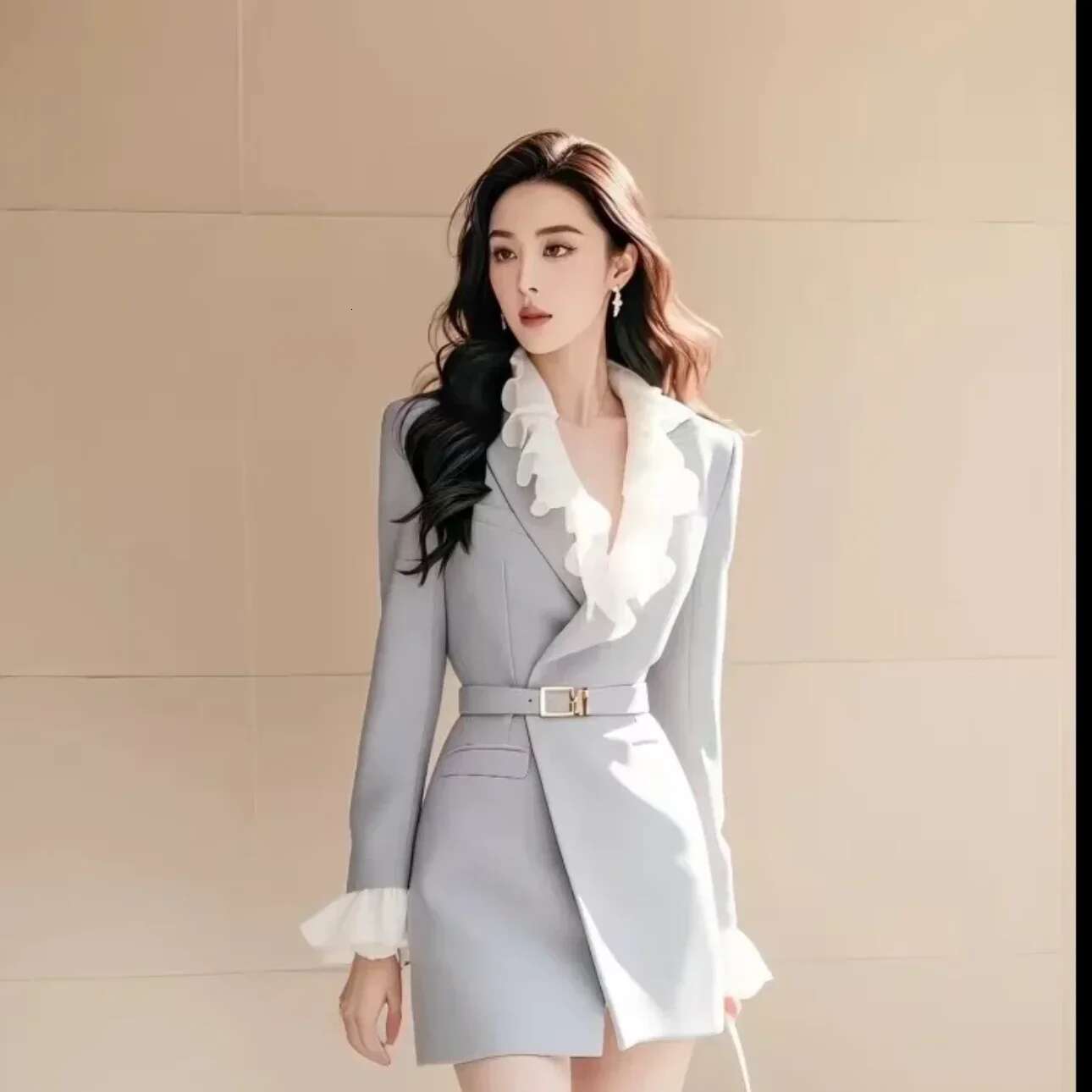Autumn Formal Ocn High End French Style Long Sleeved Spliced Ruffle Waist Slimming Short Suit Dress For Women