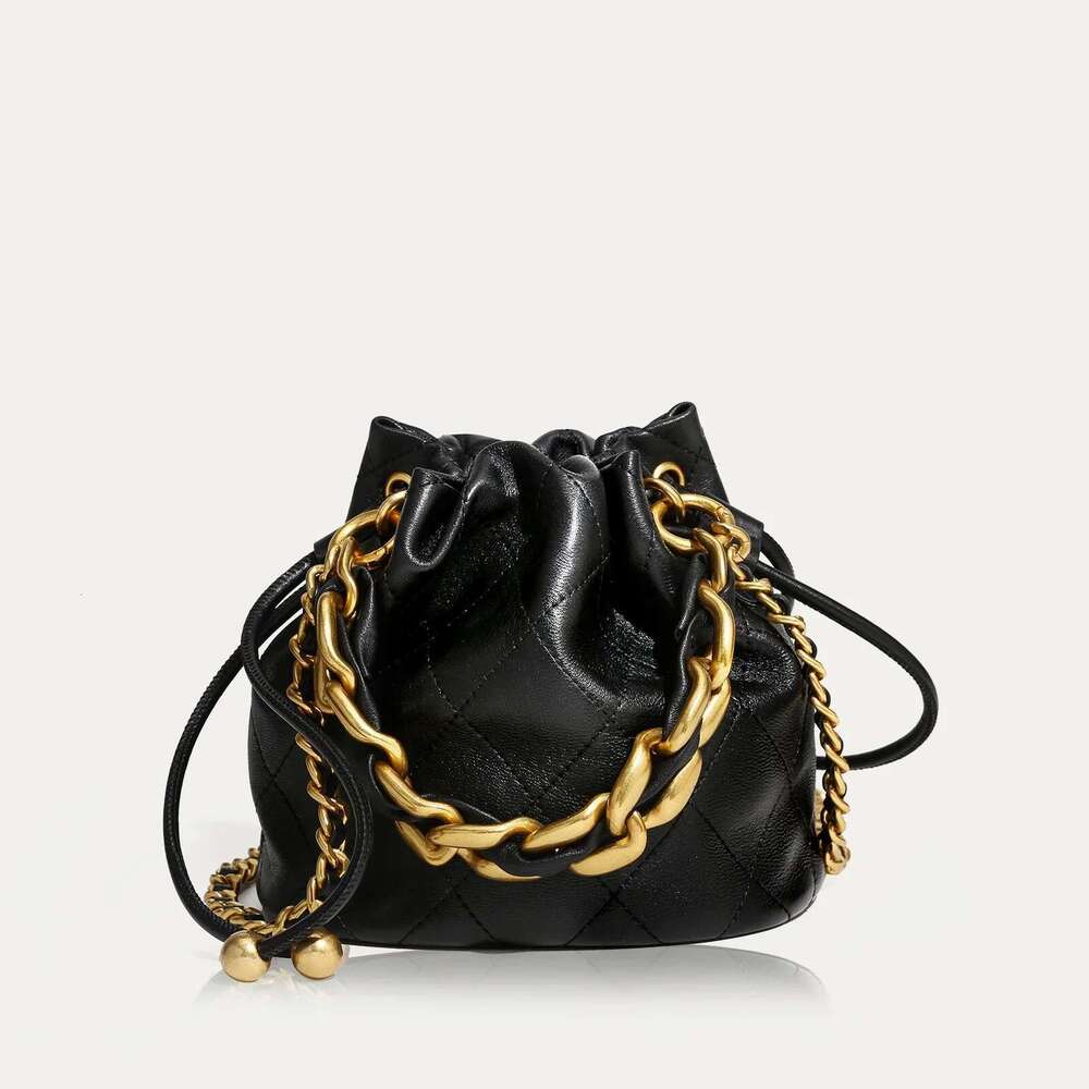 Genuine Leather Quilted Drawstring Bucket Bag Women With Chain Strap Crossbody Handbag For Commuting Christmas Gift