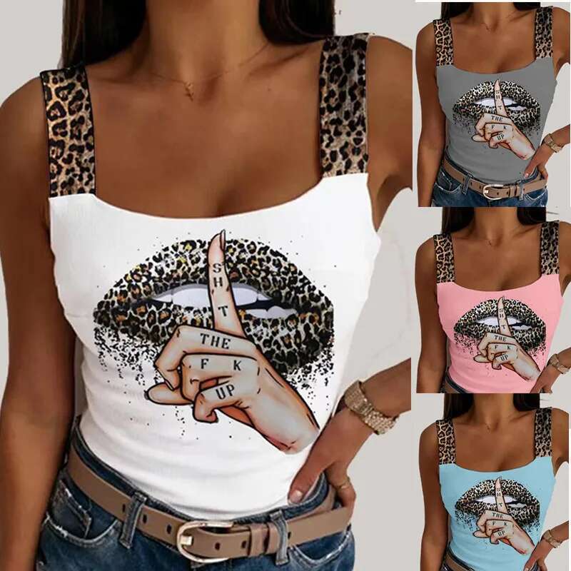 Women's Sexy Tank Leopard Lips Print Crop Fashion Party Club Summer Sleeveless Streetwear Bustier Tops