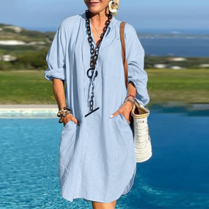 Oversized S-5XL Women V Neck Long Sleeve Cotton Linen Loose Pocket Party Dress Beachwear Vestidos JYFS-0223 250213