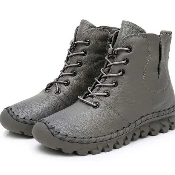 Lace-up Genuine Leather Women Boots A518 Fashion Casual Low Tube Round Toe Real Leather Shoes Winter Shoes Warm Thick Z250303