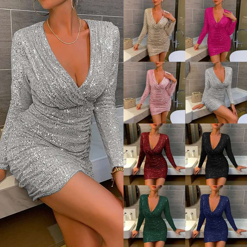 2025 Autumn/Winter New European And American Women's Clothing Sexy V-Neck Bag Hip Short Skirt Fashion Sequin Dress