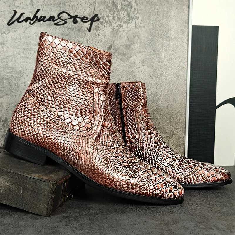 Luxury Brand Men Chelsea Boots Zip Snake Print Casual Mens Dress Shoes Wedding Party Real Leather Winter Ankle Boots Men Z250303