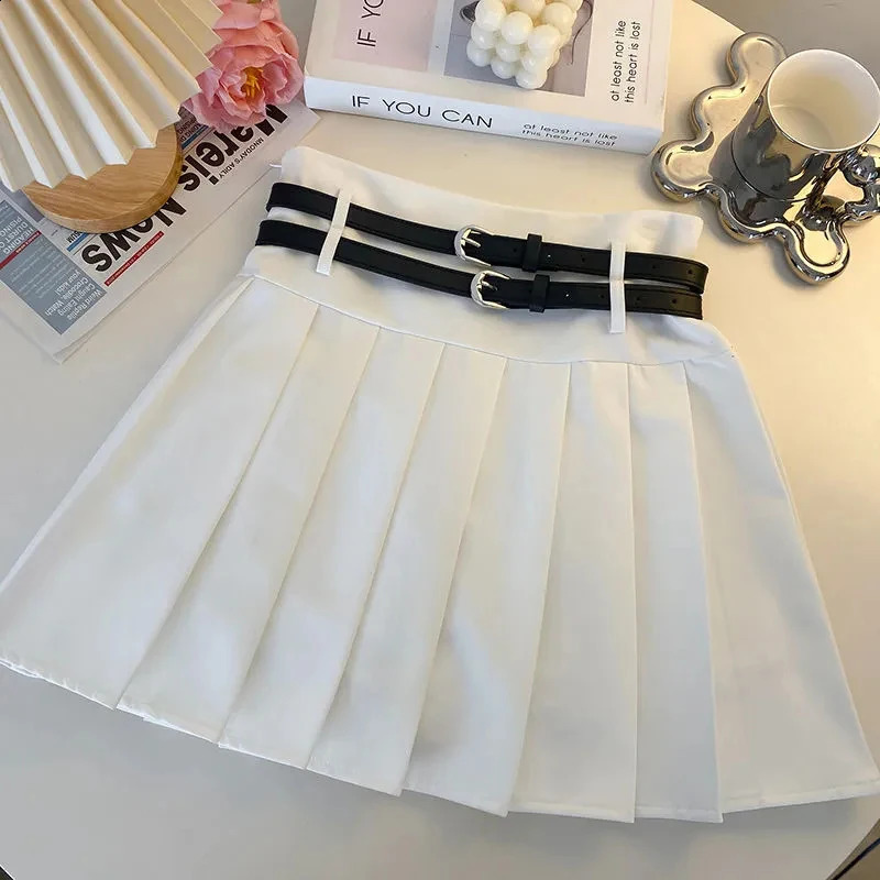 Fashion with Double Belt Pleated Skirts Women Summer High Waist Casual Preppy Mini Skirt Y2K Korean Solid All-Match A Line Skirt 250228