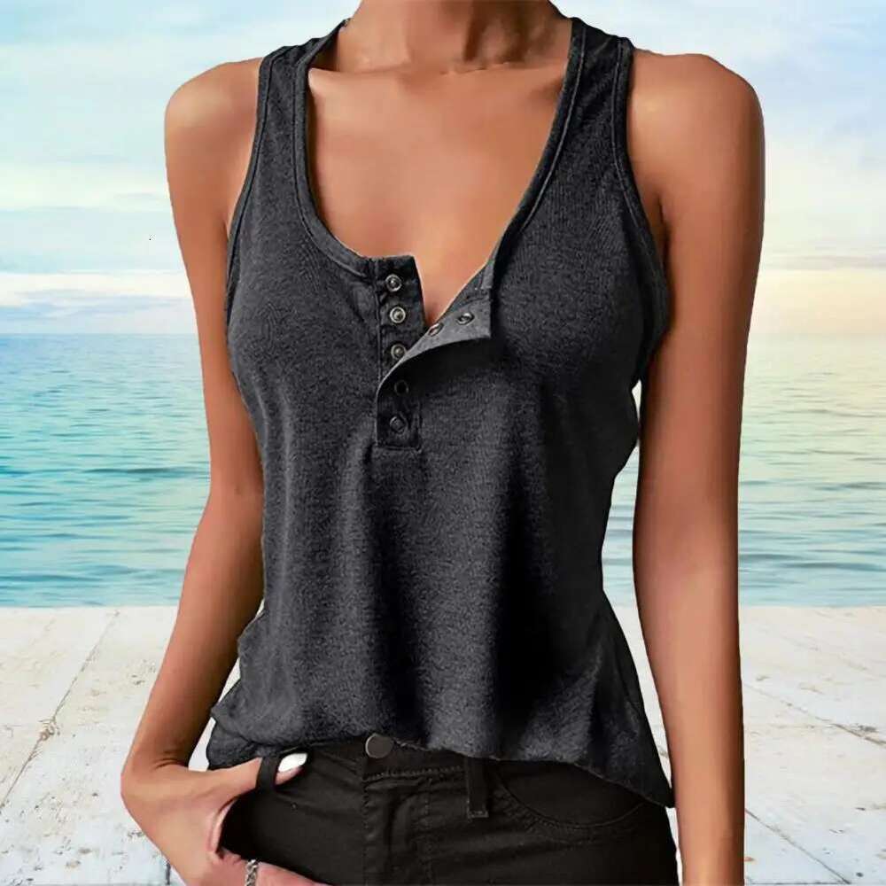 Tops U Women's Neck Women Tank Vest Snap Buttons Ribbed Camisole Summer Loose-fitting Stretchy T-shirt For Fiess 2025