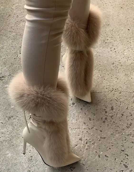 WhiteBeige Fur Mid Calf Boots Women High Heels Pointed Toe 2024 New in Winter Warm Boot Luxury Designer Big Size Sexy Shoes Z250303