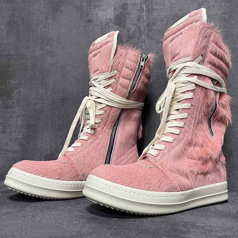 Men Women High Top Motorcycle Boots Casual Platform Sneakers Horsehair Leather Luxury Trainers Lace Up Zip Autumn Pink Shoes Z250303