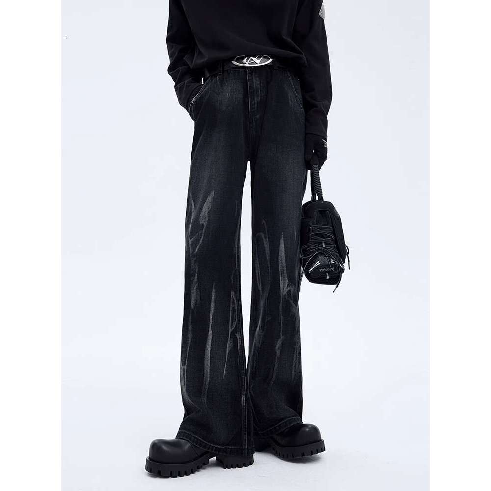 Leather Pants American Style Vibe Micro Pull Up Pants For Men In Autumn, High Street, Red And Handsome Jeans, Men's Gradient Color Washed Pants, 