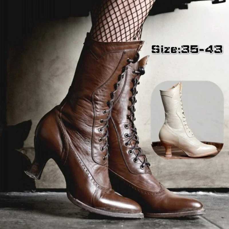 British punk Noble womens shoes knight boots medieval PU leather ankle boots fashionable womens role-playing high heels Botas Mujer Z250303