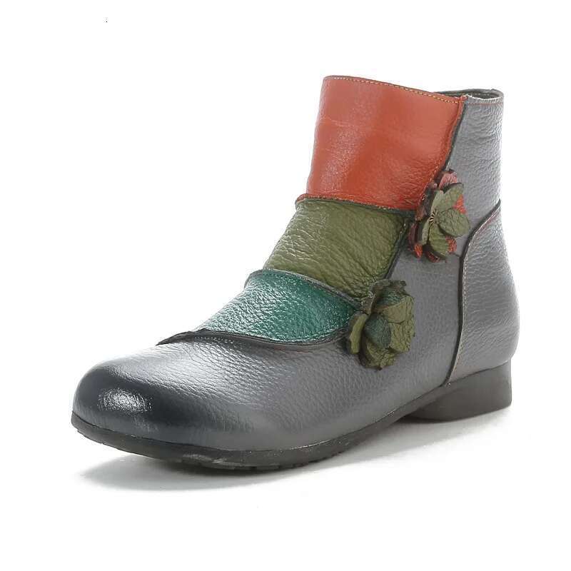 Low Xiuteng Winter New Heel Cow Muscle Sole Short Ankle Boots Ethnic Style wer Colored Genuine Leather Women's Boo