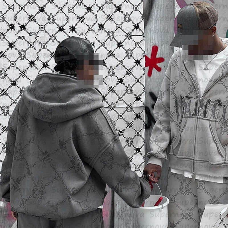 Trendy brand men's and women's street pattern embroidery hooded zipper loose sweatshirt sports jacket