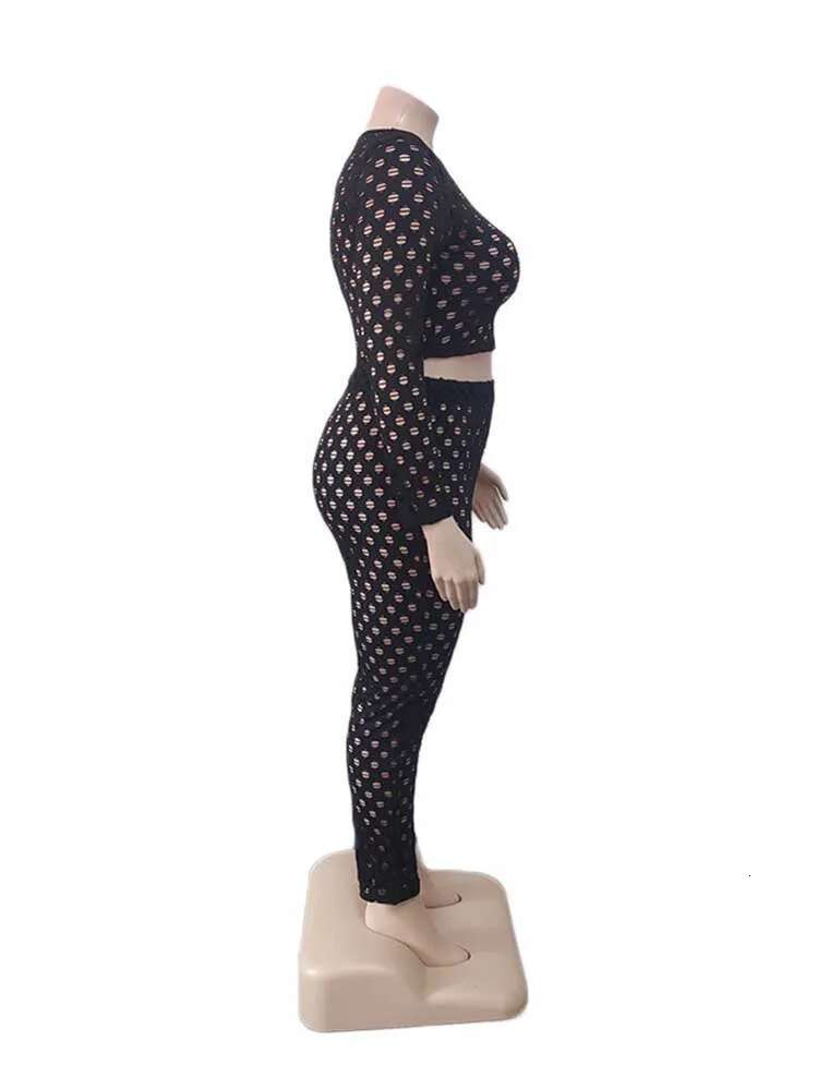 Plus Size Women 2 Piece Sets Spring Wear Round Neck Long Sleeve Crop Top And Pants Suit Hollow Out Black Mesh Sexy Outfits