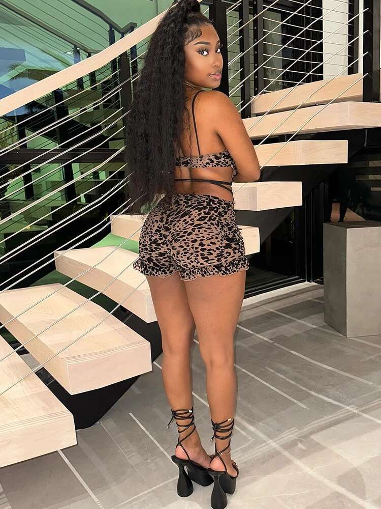Weird Puss Sexy Summer Romper Women Cking Leopard Print Backless V-Neck Tassel Coquette Thin Midnight Party Workout Playsuits
