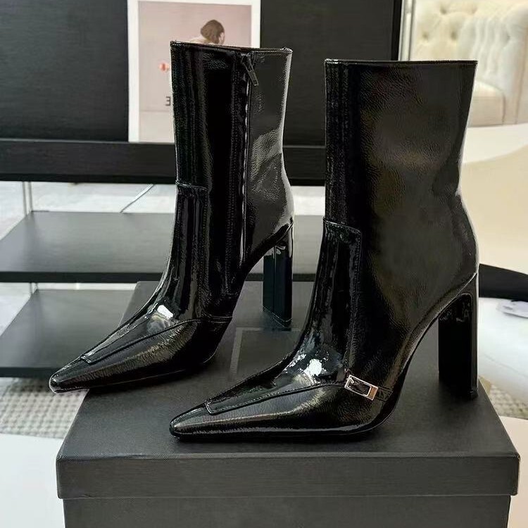 Sharp pointed short for women 2025 new spring and autumn season high heels patent leather fashionable slim thick heel mid tube boots