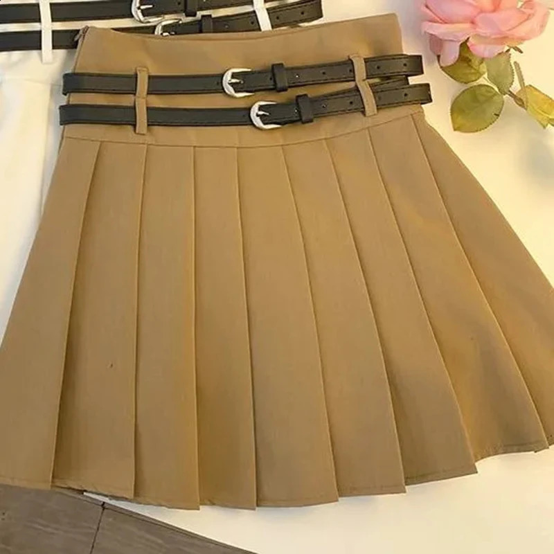 Fashion with Double Belt Pleated Skirts Women Summer High Waist Casual Preppy Mini Skirt Y2K Korean Solid All-Match A Line Skirt 250228