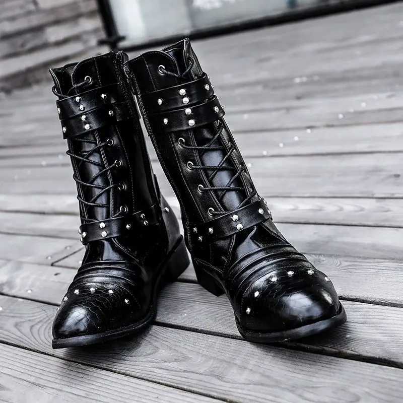 Black mens long boots for autumn and winter high fashion British boots with high bucket corners fashionable rivets mens boots Z250303