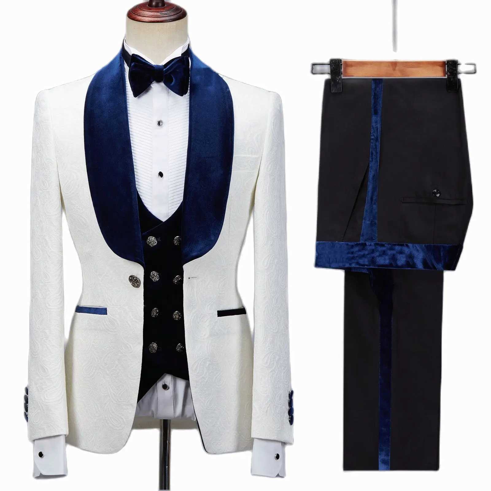 Floral Jacket Men Suit Slim Fit Wedding Tuxedo Navy Blue Velvet Lapel Groom Party Suits Costume Men Best Man Blazer M250303