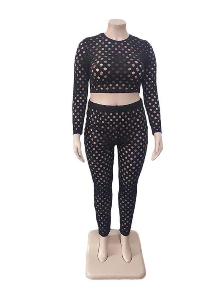 Plus Size Women 2 Piece Sets Spring Wear Round Neck Long Sleeve Crop Top And Pants Suit Hollow Out Black Mesh Sexy Outfits