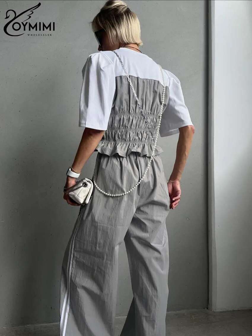 Oymimi Casual Grey Patchwork For Women 2 Pieces Fashion O-Neck Short Sleeve Blouses And Drawstring Straight Trousers Sets
