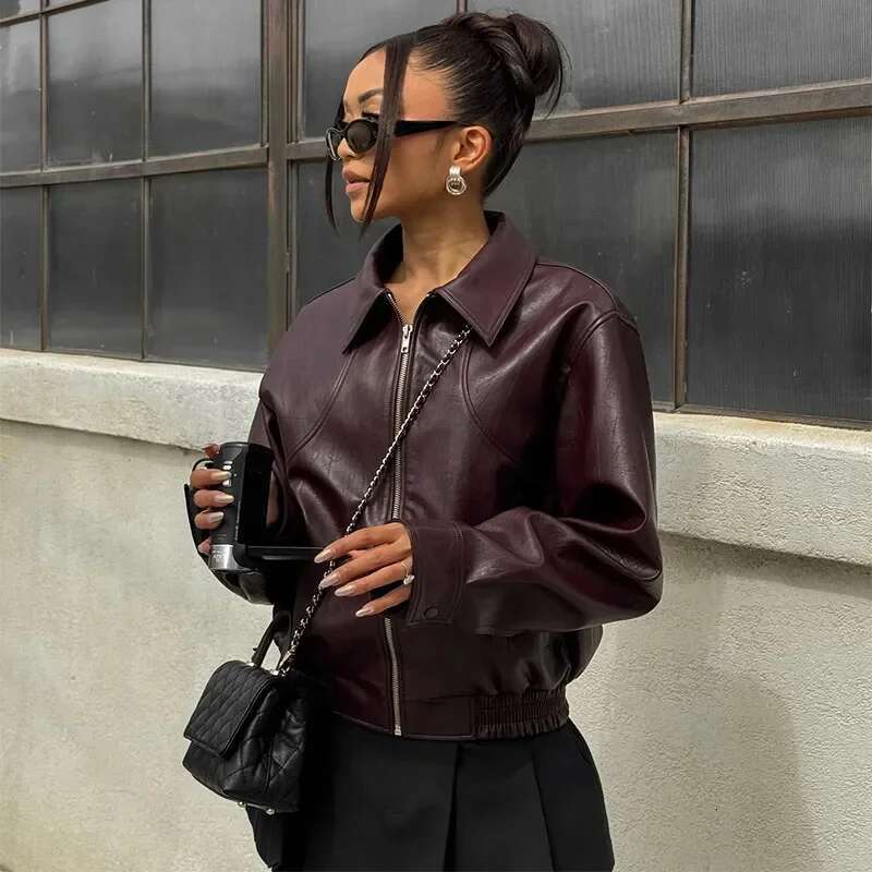 Chic Faux-Leather Bomber Jacket Warm Lapel Long Sleeves Zipper Crop Coats Autumn Fashion Lady Commuting Street Overcoat