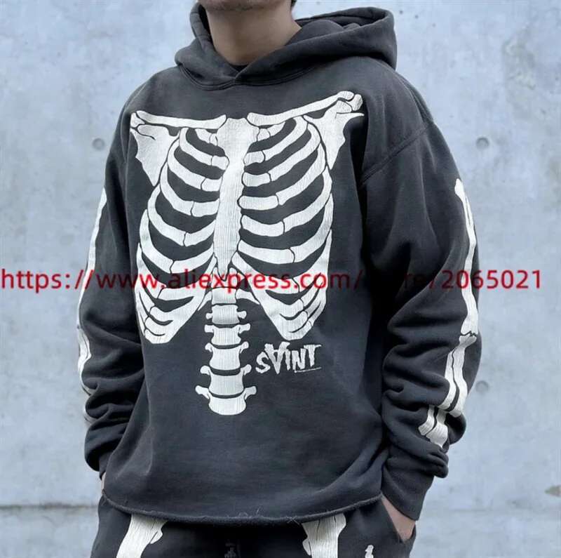 Washed SAINT Hoodie Men Women Skeleton Rib Cracking Printing Pullover